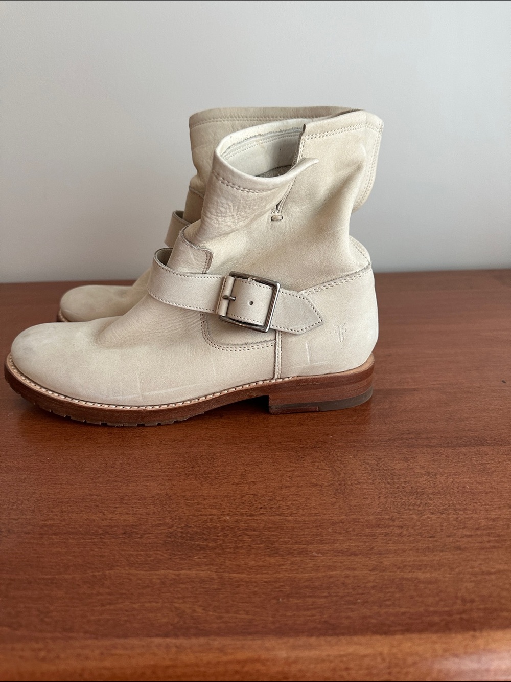 Women's Frye Natalie Cream Leather Buckle Ankle Boots